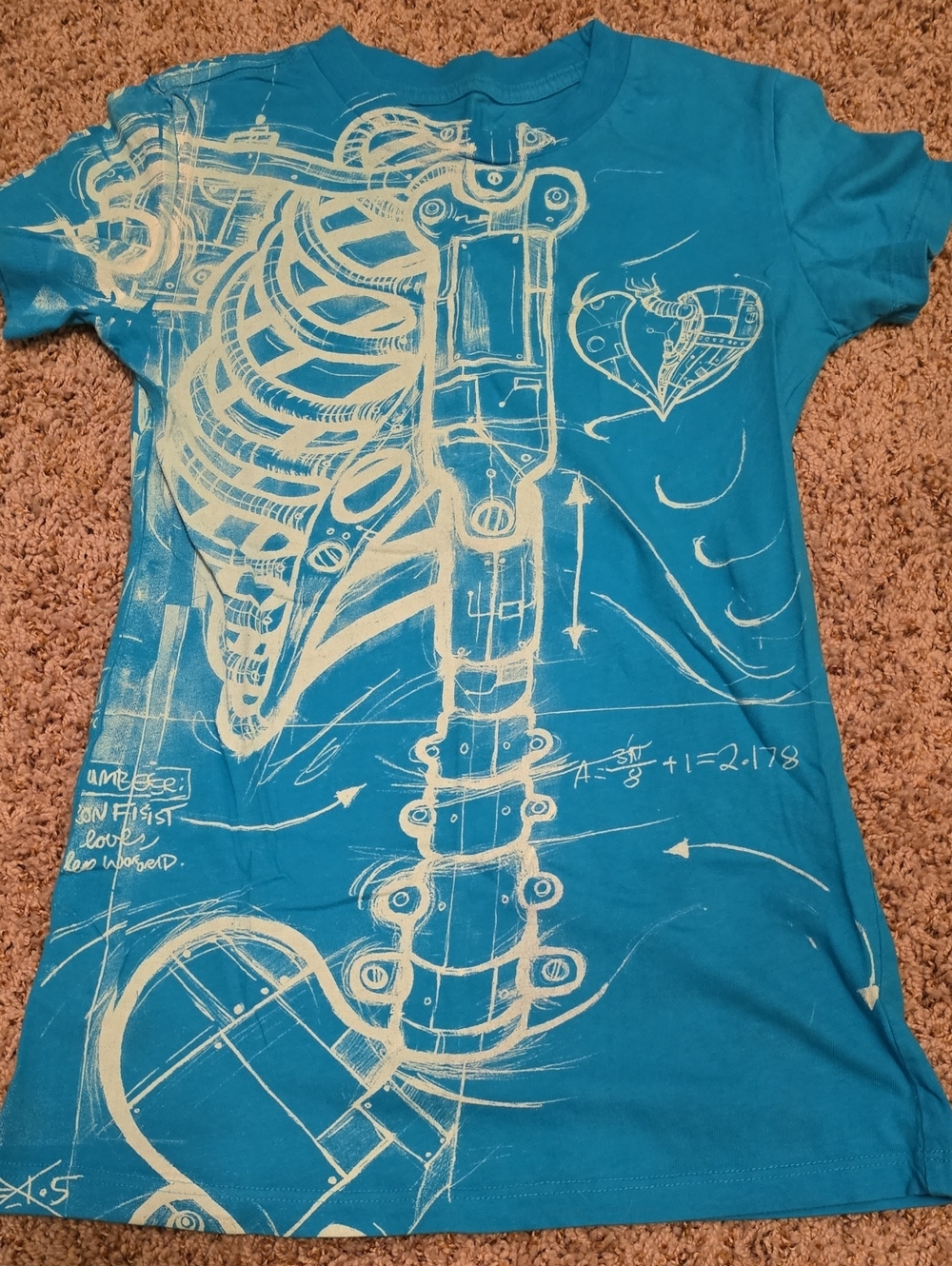 Iron Fist Teal Short Sleeve Tee with Ivory Mechanical Ribcage Art